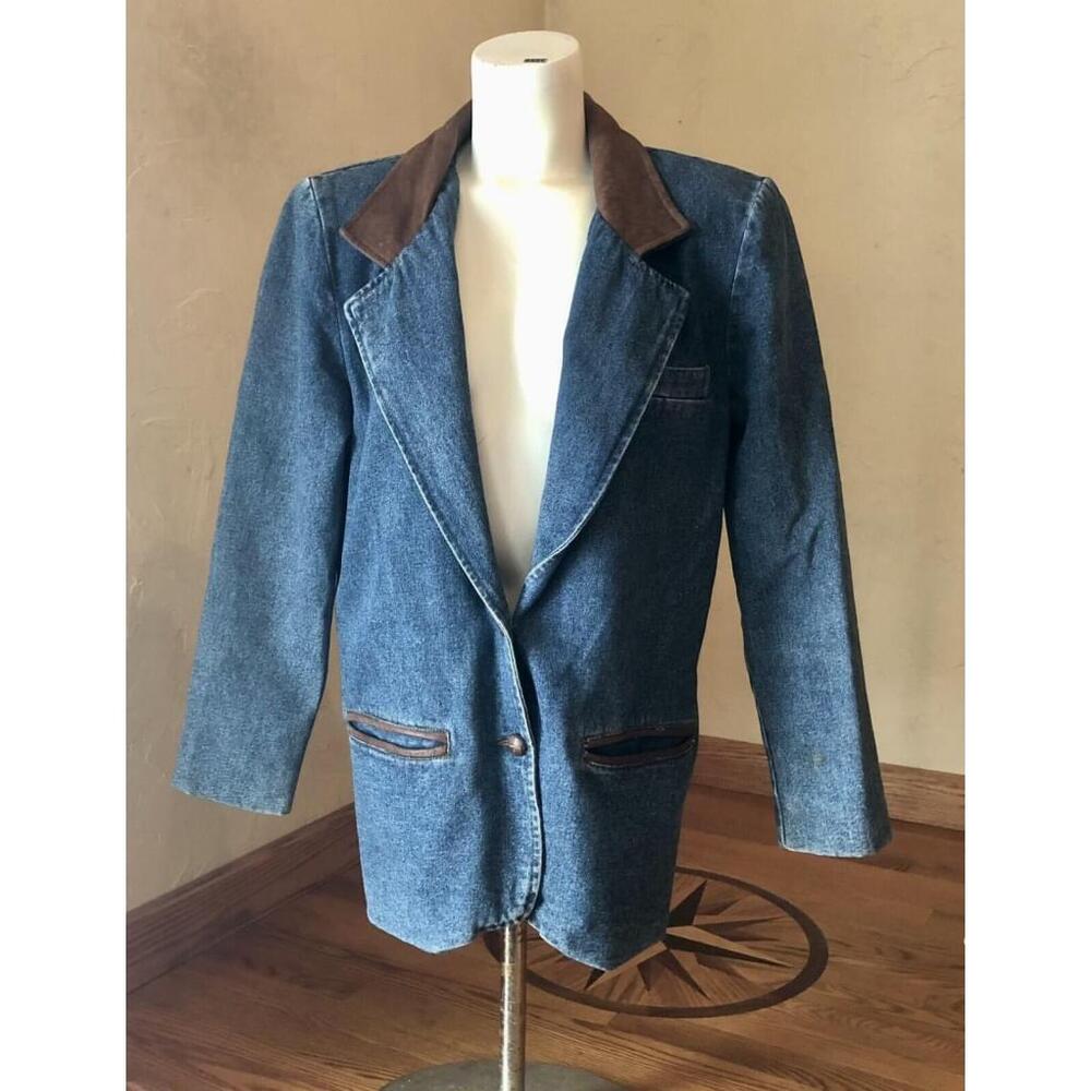 Jl Colebrook VTG 90’s Boxy Denim Blazer 2 Button Leather Detailing Pockets SM - Picture 11 of 12